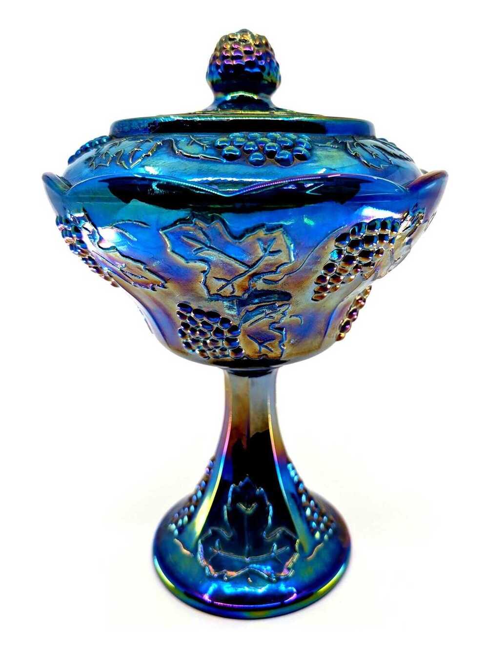 Vintage Indiana Glass Harvest Grape Blue Carnival Glass Compote UV Reactive